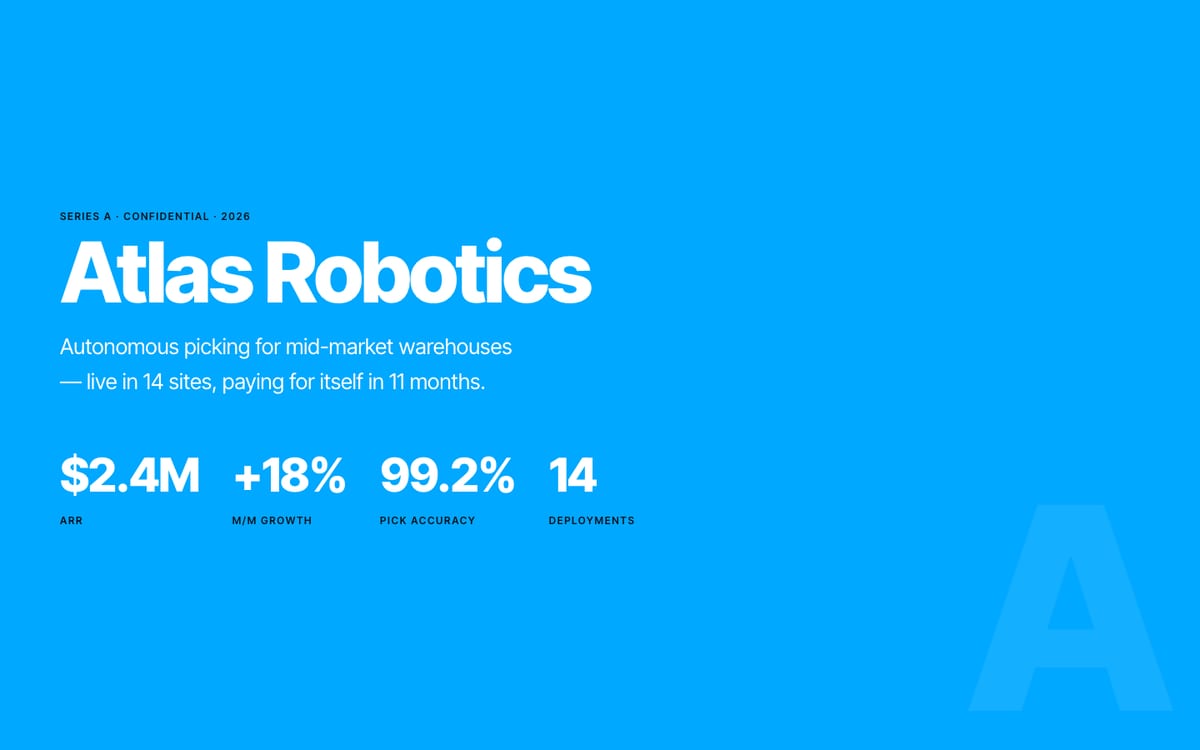 ReportRoom published deck cover: Atlas Robotics with ARR, growth, accuracy and deployment stats